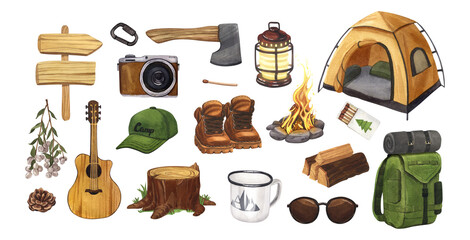 Camping, hiking equipment for trekking tourists watercolor set. Summer travel tools collection. Hand-drawn illustration isolated on white background. Concept for trip, journey, campsite elements