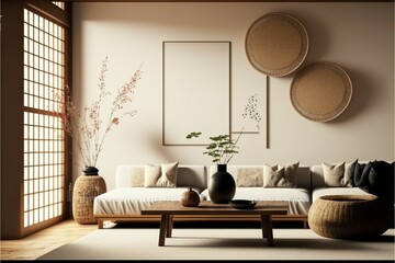 Fototapeta na wymiar Home interior in japanese style, wall mockup in living room background. Generative AI