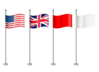 national flag pole, USA american flag, UK united kingdom flag, blank flag red and white