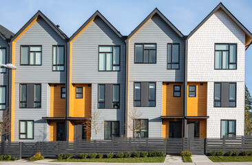 New residential townhouses. Modern apartment buildings in British Columbia Canada. Modern complex...