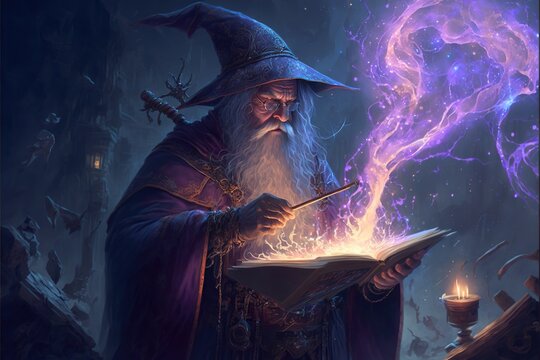 An epic fantasy illustration, featuring a powerful wizard casting a spell, beautiful magic, mysterious, tale. Generative AI