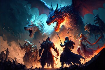 Fototapeta na wymiar An epic fantasy illustration, featuring a group of heroes defeating a dragon, beautiful magic, mysterious, tale. Generative AI
