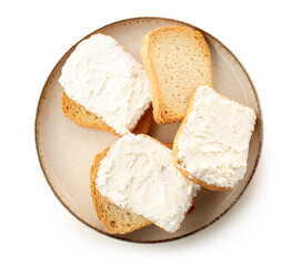 Plate of bread rusks with cream cheese on white background
