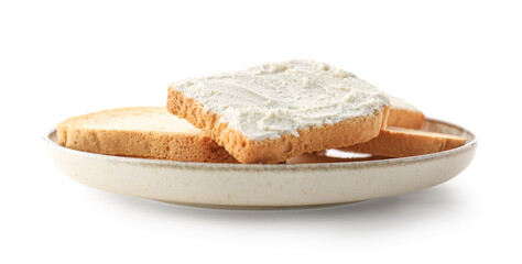 Plate of bread rusks with cream cheese on white background