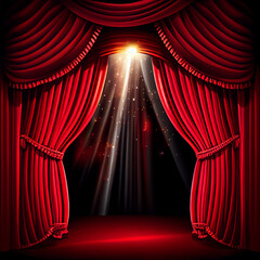 Magic theater stage red curtains opera lights background. - obrazy, fototapety, plakaty