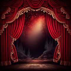 Magic theater stage red curtains opera lights background.
