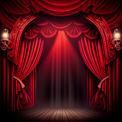 Magic theater stage red curtains opera lights background.