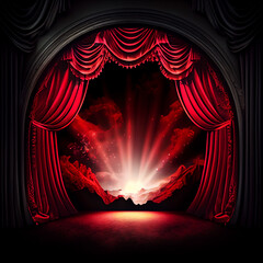 Magic theater stage red curtains opera lights background. - obrazy, fototapety, plakaty