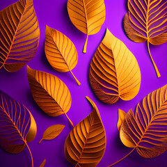 Pattern of dry orange metallic leaves plants violet background table.