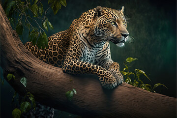Fototapeta na wymiar a beautiful jaguar in its natural habitat. On on a tree trunk
