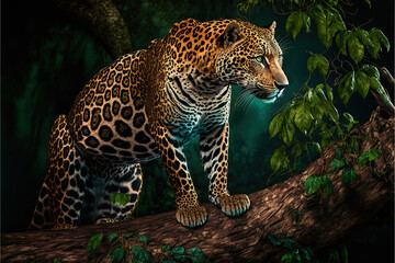 Fototapeta na wymiar a beautiful jaguar in its natural habitat. On on a tree trunk