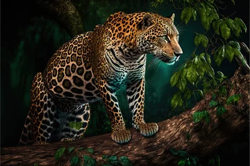 Foto op Plexiglas a beautiful jaguar in its natural habitat. On on a tree trunk © Jacques Evangelista