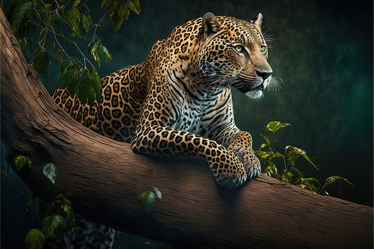 A Beautiful Jaguar In Its Natural Habitat. On On A Tree Trunk