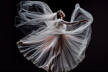 Graceful ballerina dancer wearing a gauzy dress jumping, generative AI - obrazy, fototapety, plakaty
