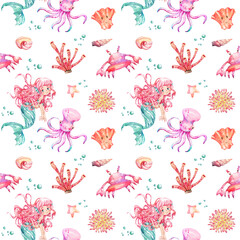 Underwater Watercolor seamless pattern, Mermaid Nursery Decor, Cute Sea Animals illustration, Watercolor illustration, Clipart For Kids