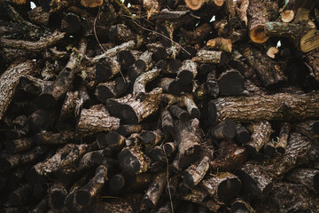 Shot of pattern of stacked chopped logs for the fireplace. Rural area in Spain.