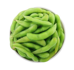 Bowl with green edamame pods on white background, top view