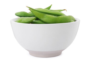 Bowl with green edamame pods on white background