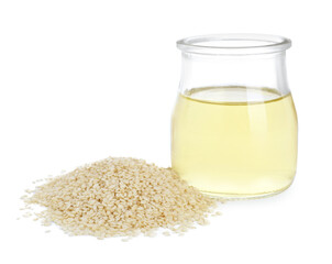 Glass jar with fresh sesame oil and seeds isolated on white