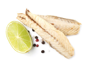 Canned mackerel fillets with lime and spices on white background