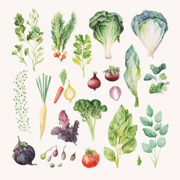Collection of pretty delicate watercolor vegetables. Each vegetable is a different type. Generative AI