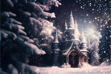 Christmas castle, winter forest wonderland - By Generative AI