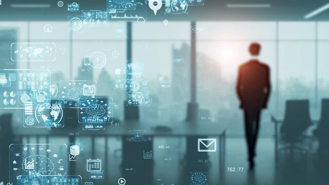 オフィスに立つビジネスマンとテクノロジー