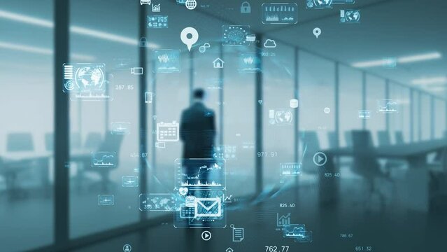 A man standing in office and digital data concept. Digital transformation. ERP. Enterprise Resources Planning.