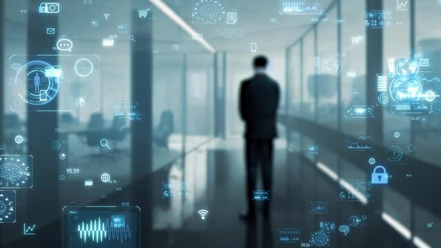 オフィスに立つビジネスマンとテクノロジー