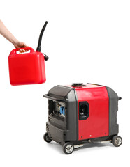 Young man with canister and portable gasoline generator on white background