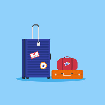 Travel luggage set with stickers. Vacation, journey concept. Colorful vector illustration.