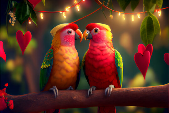 two very cute and colorful parrots are in love 