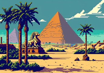 Pixel art ancient egypt with pyramids and monuments, background in retro style for 8 bit game, Generative AI	 - obrazy, fototapety, plakaty