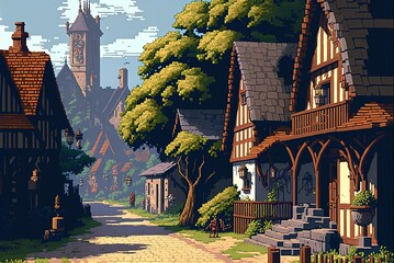 Pixel art medieval village, middle age houses, village with castle, buildings and trees, background in retro style for 8 bit game, Generative AI