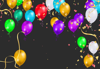 Colorful birthday balloons, pennants, tinsel and confetti on sky background with space for text. eps.10