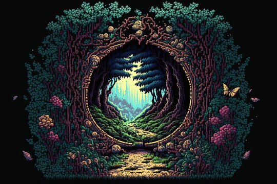 Pixel art magic portal in mystical forest, portal to fantasy dimension, background in retro style for 8 bit game, Generative AI