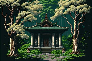 Pixel art ancient temple in the forest, temple ruins, background in retro style for 8 bit game, Generative AI
