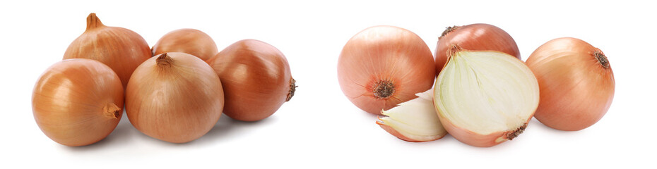 Collage with fresh ripe onions on white background