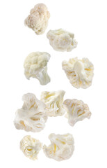 Obraz na płótnie Canvas Many fresh cauliflower florets falling on white background