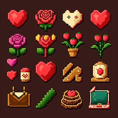 Pixel art valentine icon set, valentine icon collection, items retro style for 8 bit game