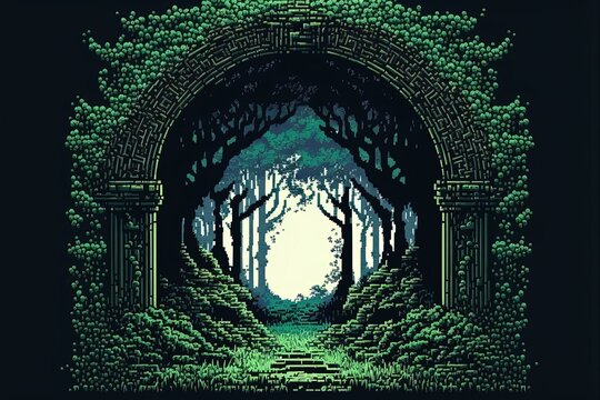 Pixel art magic portal in mystical forest, portal to fantasy dimension, background in retro style for 8 bit game, Generative AI