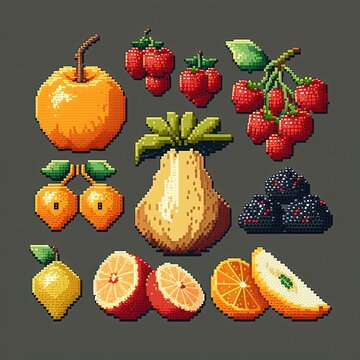 Pixel art fruit set, fruit collection, retro style item for 8 bit game, Generative AI