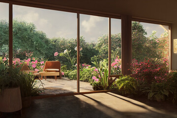 Beautiful Luxury Cottage Spanish Interior with Garden Views and Golden Light Made with Generative AI