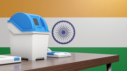 3d rendering of voter verified paper audit trail of indian electronic voting machine, with control unit and ballot unit on the side, with flag of India in the background, India elections.