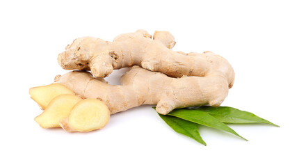 Fresh ginger roots and leaves on white background