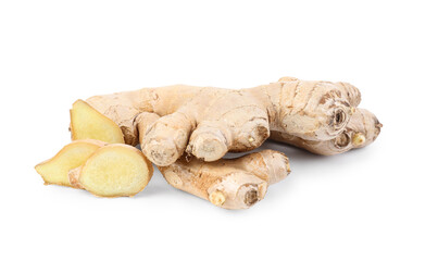 Fresh ginger roots and slices on white background
