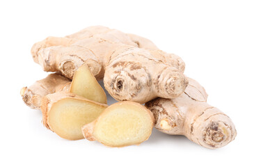 Fresh ginger roots on white background