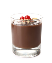 Glass of delicious chocolate pudding with cranberry and almond isolated on white background