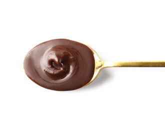 Spoon of delicious chocolate pudding isolated on white background