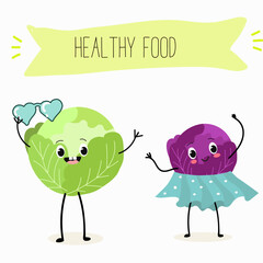 Illustration with funny characters cabbage, red cabbage. Funny and healthy food. Vitamins, cute face food, ingredients, vegetarianism, vector cartoon, antioxidant.